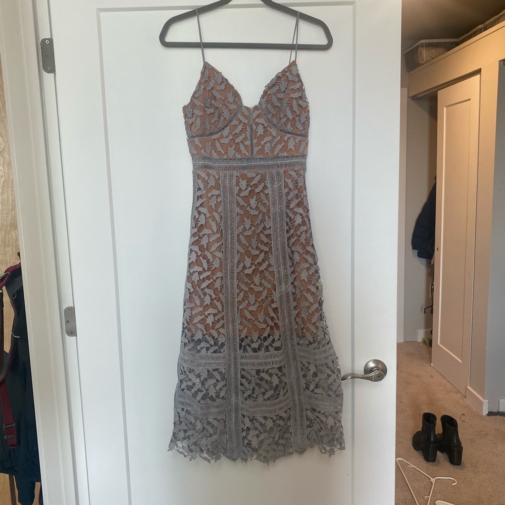 FEW MODA slate blue and nude crochet lace dress